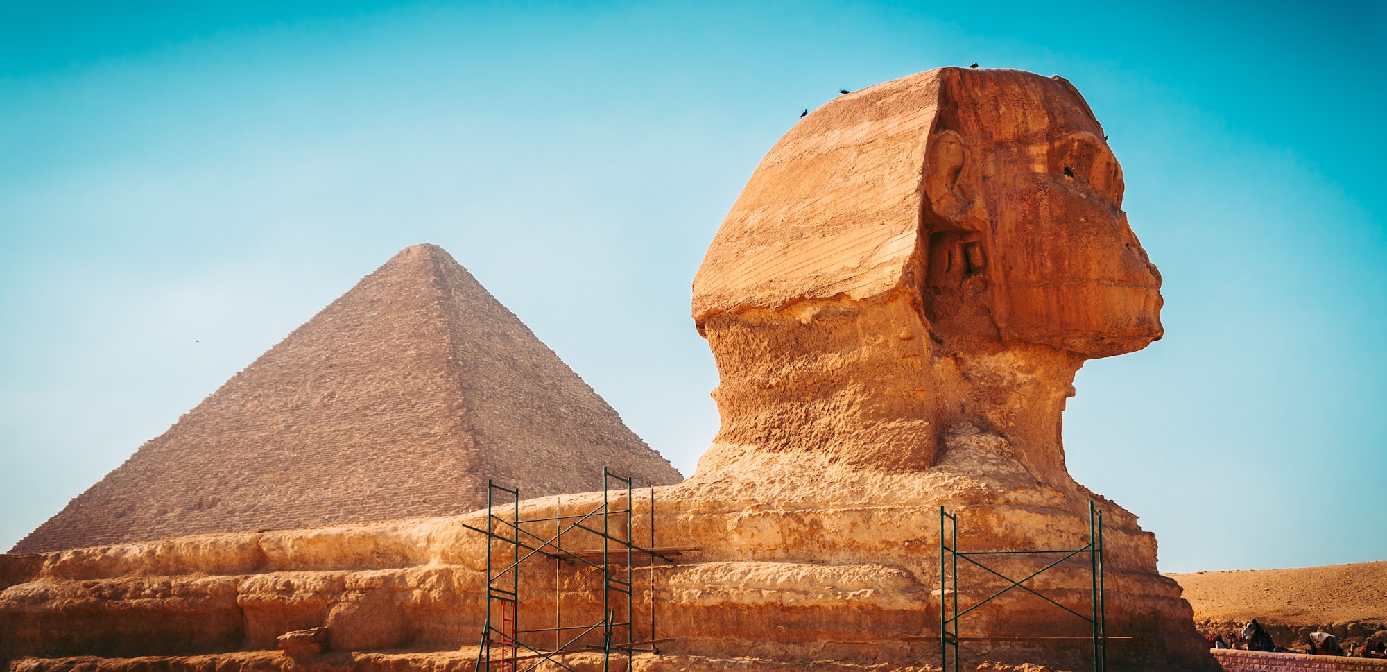 Ancient Sphinx and the great pyramid of Giza in Egypt.